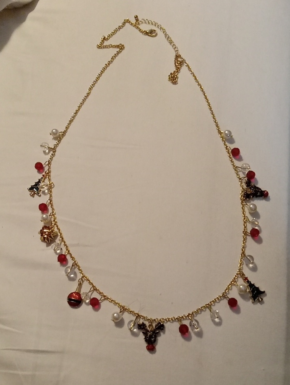 Artisan Handcrafted Gold-Toned Christmas Multi-Charm Necklace - Reindeer, Trees